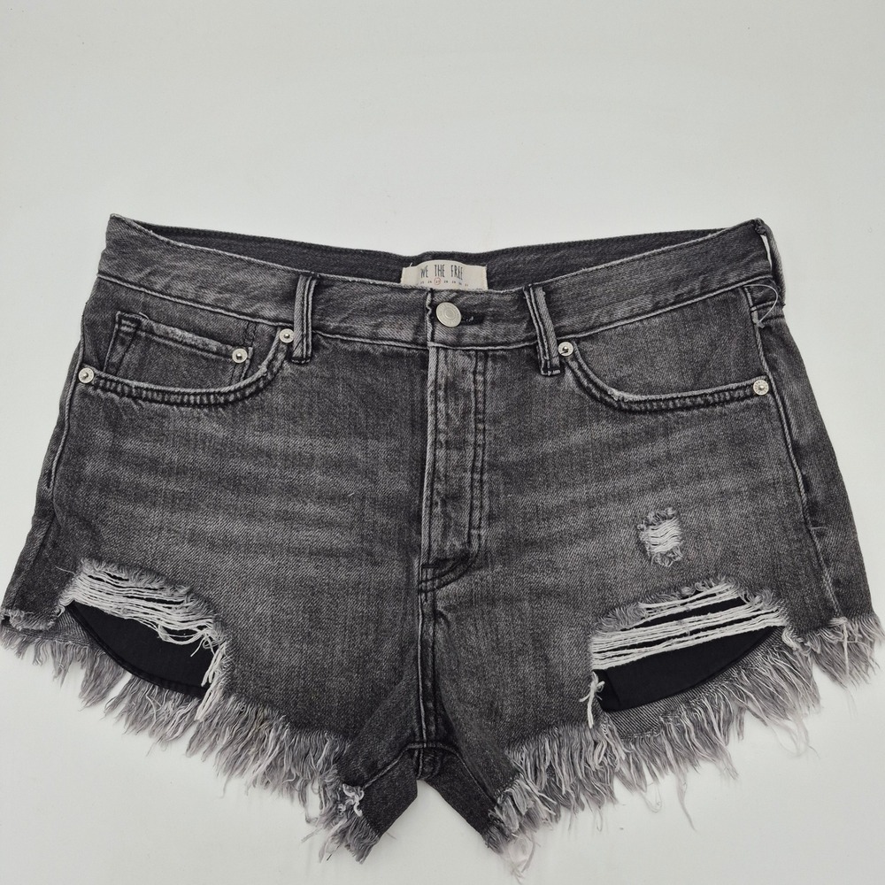 We The Free Free People Distressed Denim Shorts Grey Washed Black Button Fly 27